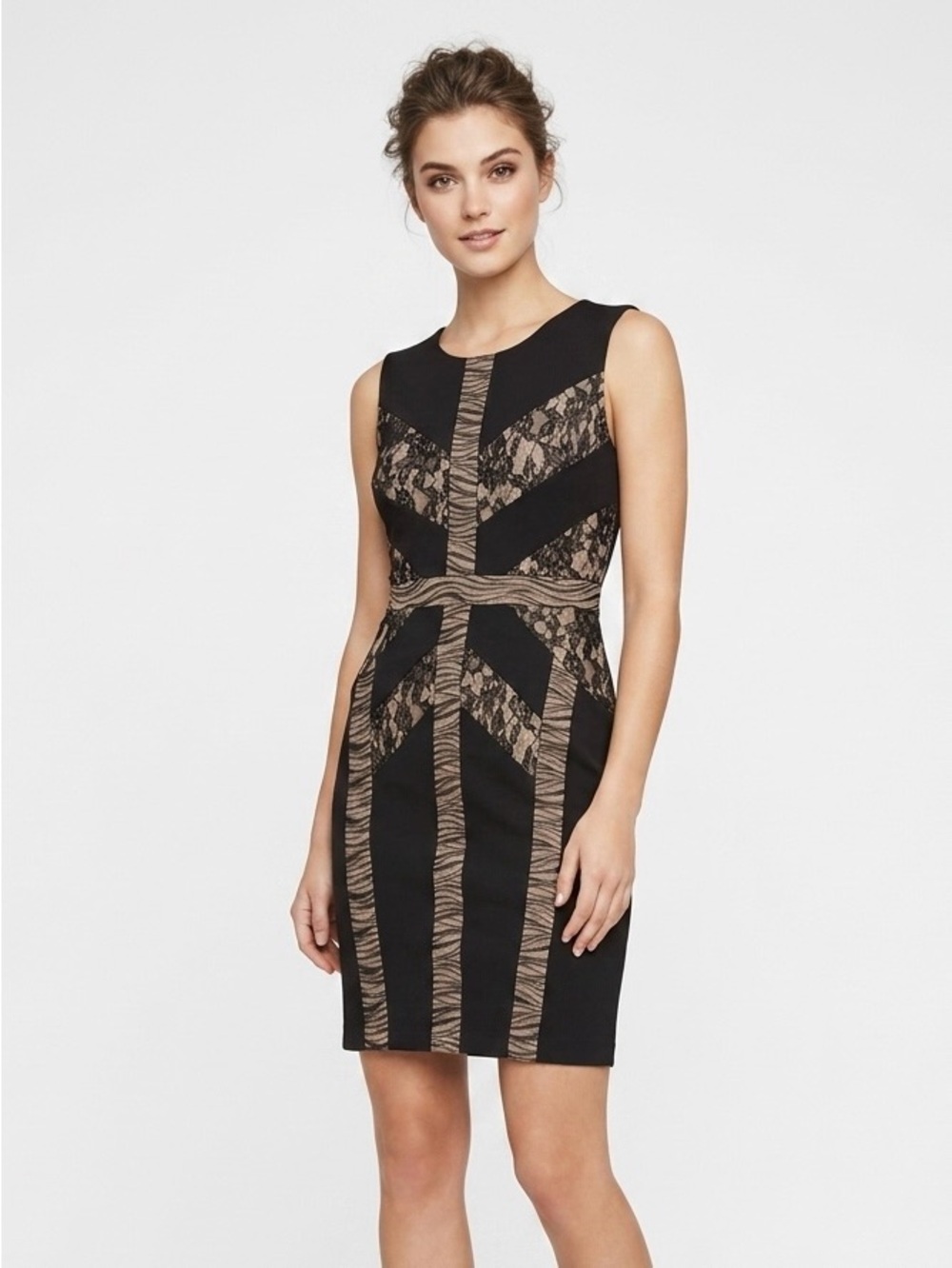 BCBGMaxAzria, Black and Beige Lace-Panel Sheath Dress - M